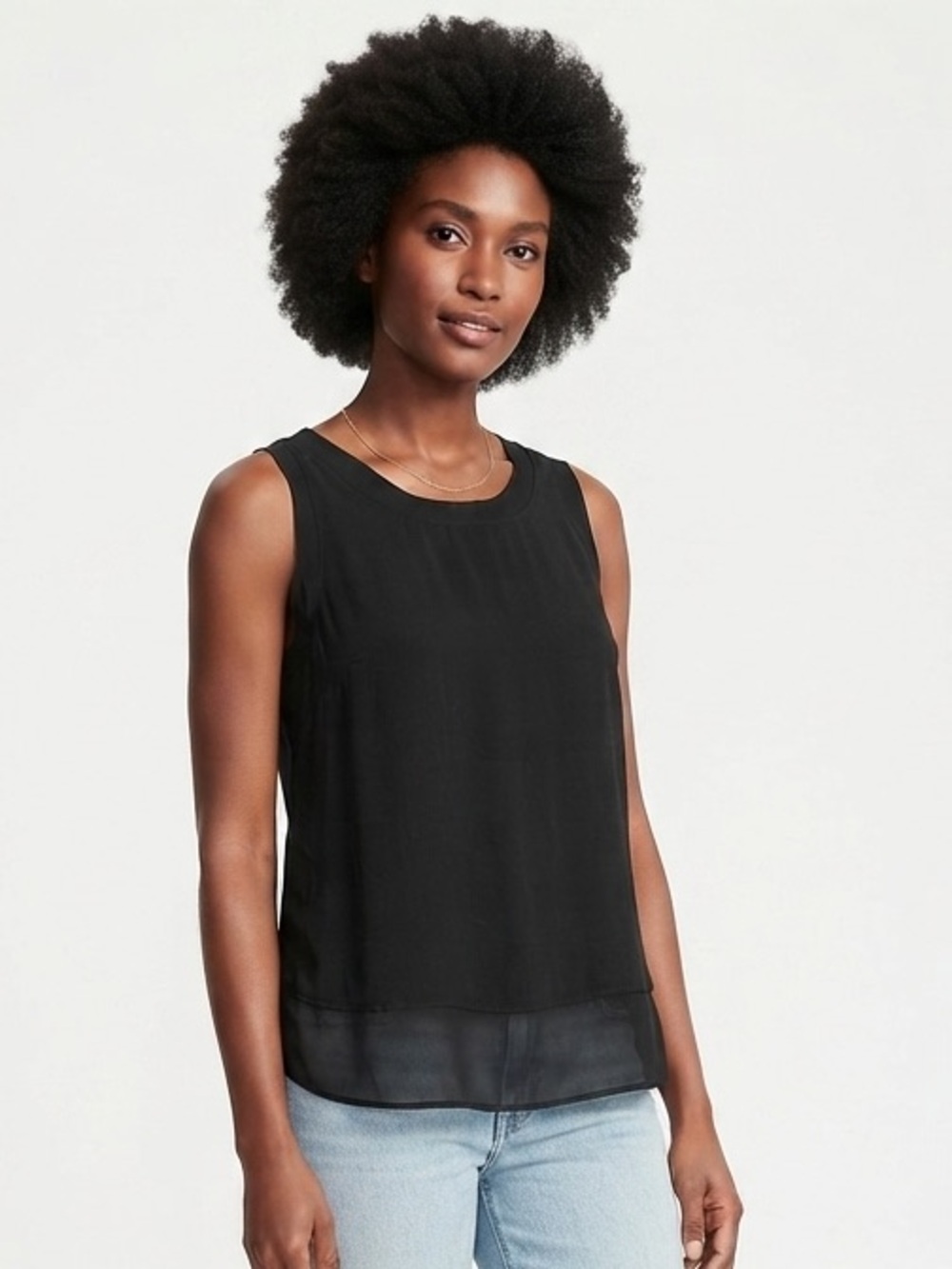 LOFT Black Sleeveless Chiffon-Trim Tank Top with Back Button Placket Size Medium